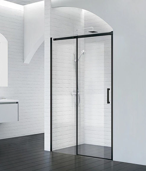 Душевая дверь в нишу BelBagno ACQUA-BF-1-140-C-NERO 140*198 L/R профиль черный с поддоном 140*80*3 белый матовый