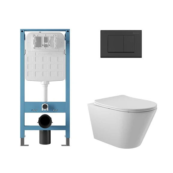 Комплект инсталляции Aqueduto Tecnica Novo с безободковым унитазом Cone белый глянец, клавиша смыва Quadrado черная матовая