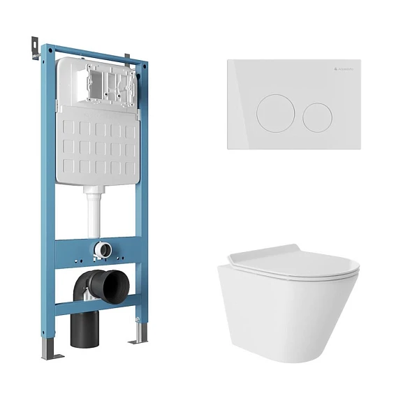 Комплект инсталляции Aqueduto Tecnica Novo с безободковым унитазом Cone Tornado белый глянец, клавиша смыва Circulo белый глянец