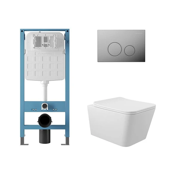 Комплект инсталляции Aqueduto Tecnica Novo с безободковым унитазом Macio белый глянец, клавиша смыва Circulo глянцевый хром