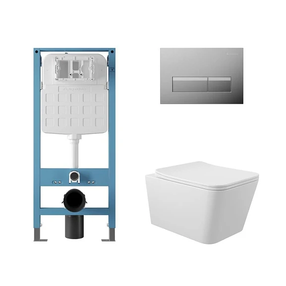 Комплект инсталляции Aqueduto Tecnica Novo с безободковым унитазом Macio белый глянец, клавиша смыва Retangulo Novo глянцевый хром