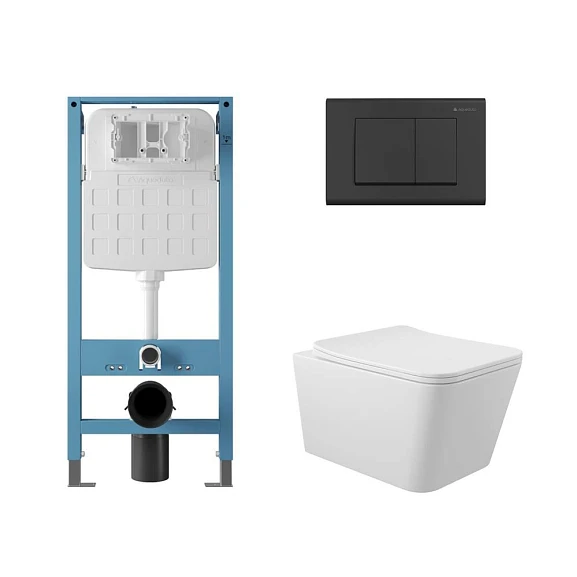Комплект инсталляции Aqueduto Tecnica Novo с безободковым унитазом Macio белый глянец, клавиша смыва Quadrado черная матовая