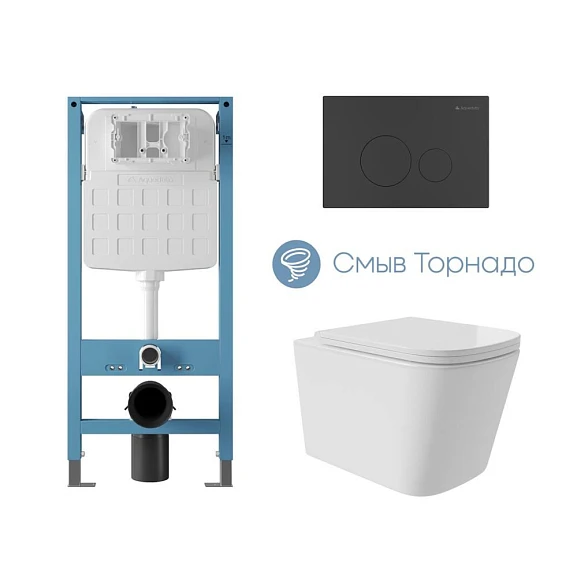 Комплект инсталляции Aqueduto Tecnica Novo с безободковым унитазом Macio Plus Tornado белый глянец, клавиша смыва Circulo Novo черная матовая