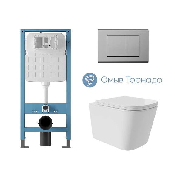 Комплект инсталляции Aqueduto Tecnica Novo с безободковым унитазом Macio Plus Tornado белый глянец, клавиша смыва Quadrado глянцевый хром