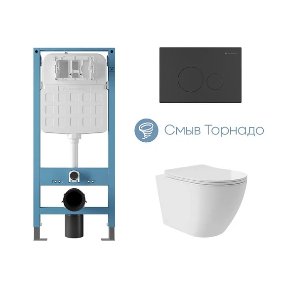 Комплект инсталляции Aqueduto Tecnica Novo с безободковым унитазом Ovo Plus Tornado белый глянец, клавиша смыва Circulo Novo черная матовая