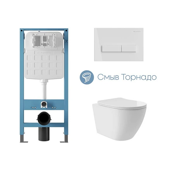 Комплект инсталляции Aqueduto Tecnica Novo с безободковым унитазом Ovo Plus Tornado белый глянец, клавиша смыва Retangulo белый глянец