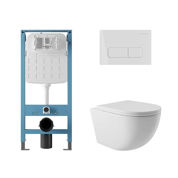 Комплект инсталляции Aqueduto Tecnica Novo с безободковым унитазом Ovo белый глянец, клавиша смыва Forma белый глянец