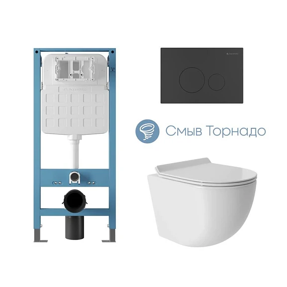 Комплект инсталляции Aqueduto Tecnica Novo с безободковым унитазом Ovo Tornado белый глянец, клавиша смыва Circulo Novo черная матовая