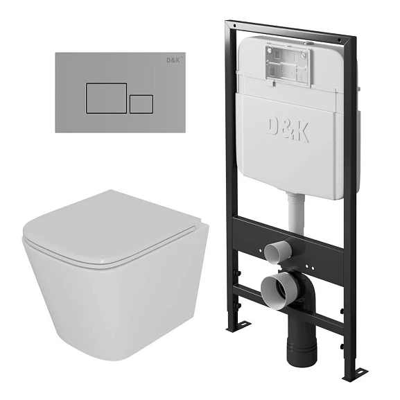 Комплект инсталляции D&K DI8055119 с безободковым унитазом Berlin, клавиша смыва Quadro хром