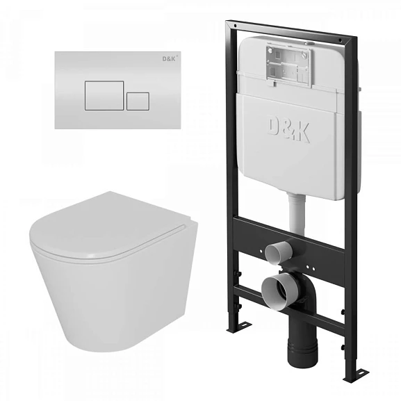Комплект инсталляции D&K DI8055119 с безободковым унитазом Venice, клавиша смыва Quadro белая