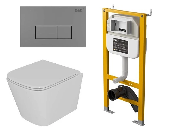 Комплект инсталляции D&K DI8050127 с безободковым унитазом Berlin Торнадо, клавиша смыва Rhein графит